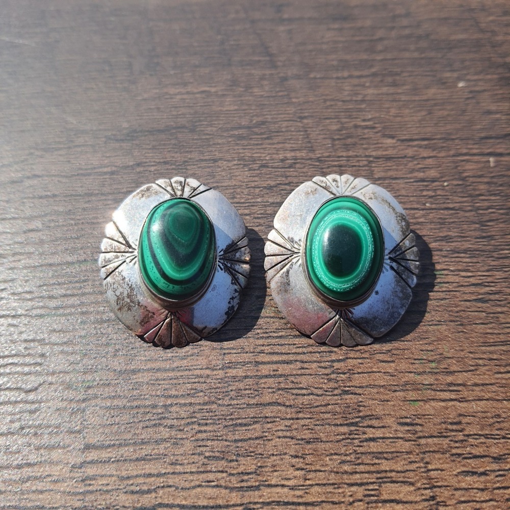 Vintage Southwestern Sterling Silver And Malachite Stone Post Back Stud Earrings